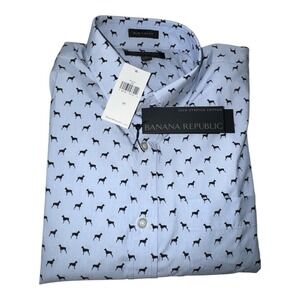 Banana Republic Mens Tech Stretch Cotton Slim Flex Fit Dog Print Shirt NWT Sz M